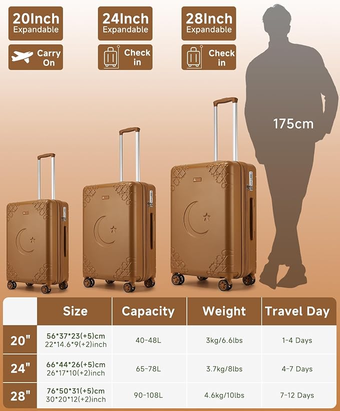 Somago Expandable Carry On luggage with Shock-Absorbing Braking Spinner Wheels Moon Star Design Hard Shell Suitcase with Cupholder TSA Lock (Toffee Brown,Expandable 20 Inch)