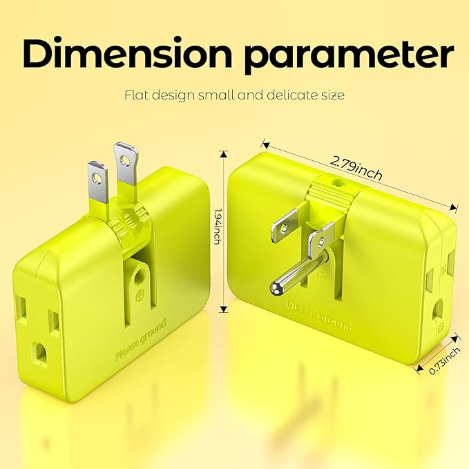 2 Pack Plug Splitter - 3 Prong Wall Adapter with 2 to 3 Prong Outlet Converter, Safe & Space-Saving Plug Extender, Yellow