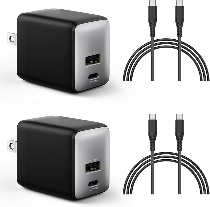 wegear USB C Fast Charging Charger, 30W Dual-Port GaN Nano Charger with Foldable Plug for iPhone 17/16/15 Series, iPad, Galaxy S24 Ultra and More Series, (Black, 2 Pack & 2 Cable)