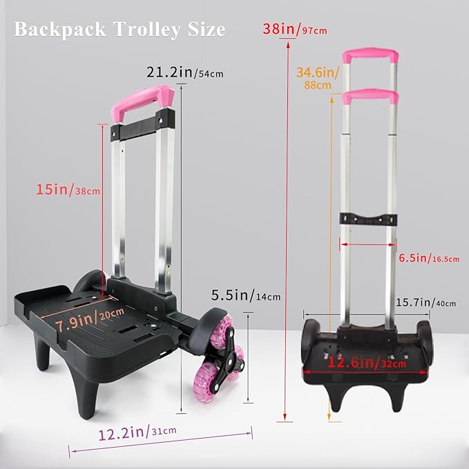 Backpack Trolley Wheeled Cart- Foldable Aluminium Alloy Hand Truck with 3 Wheels and Luggage Strap for Backpacks and Travel Luggage,Backpack Cart with Edge Guard Base,Rolling Backpack Dolly