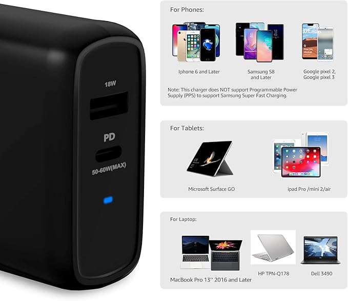 Amazon Basics 68W Two-Port GaN Wall Charger with 1 USB-C (60W) & 1 USB-A Ports (18W) with PD for Laptops, Tablets & Phones (iPhone 16/15/14/13/12/11/X, iPad, MacPro, Samsung, More), Non-PPS, Black