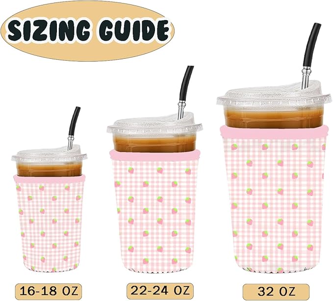 Reusable 3-Pack Iced Coffee Cup Sleeve, Insulated Neoprene, Beverage Holder for Iced Coffee, Durable Drink Sleeve for Cold Beverages, Strawberry Grid