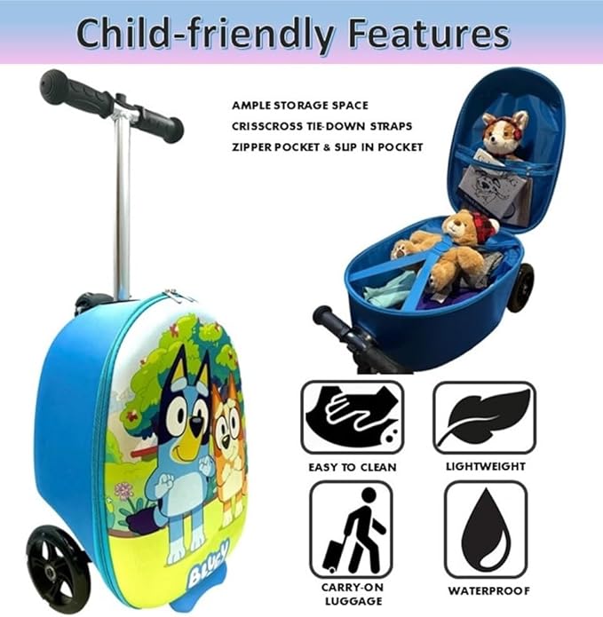 Fast Forward Bluey 18" Ride-On Suitcase Scooter - Lightweight Carry-On Foldable Scooter Luggage