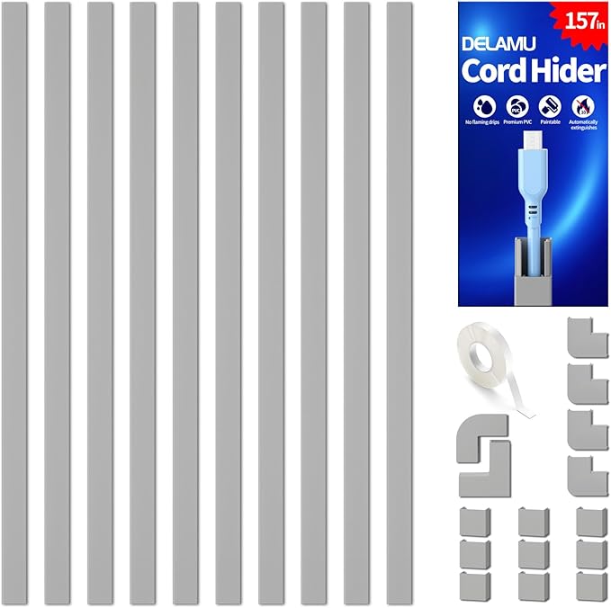 Delamu 157in Cord Covers for Wires on Wall, Cord Hider for 1 Cord, Paintable Cable Hider, Cable Management Wire Covers for Cords, W0.55 H0.4in, Grey