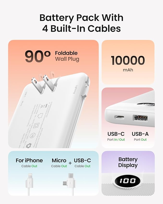 Portable Charger with Wall Plug, Slim USB C Power Bank with Built-in Cables, 10000mah LED Display External Battery Pack Compatible with iPhone/Android & More(White)