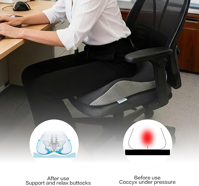 18x16 Inch Memory Foam Seat Cushion for Office Chair, Car & Truck, Ergonomic Chair Cushion for Long Sitting, Thick Supportive Seat Pad with Non-Slip Bottom, Washable Cover