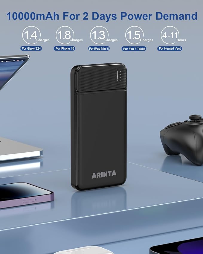 5V 2A Power Bank Battery Pack for Heated Jacket & Vest, Portable Charger 10000mAh, Ultra Slim with USB-C Input/Output, Compatible for Smartphones & Tablets, Gifts for Men Women. (Black)