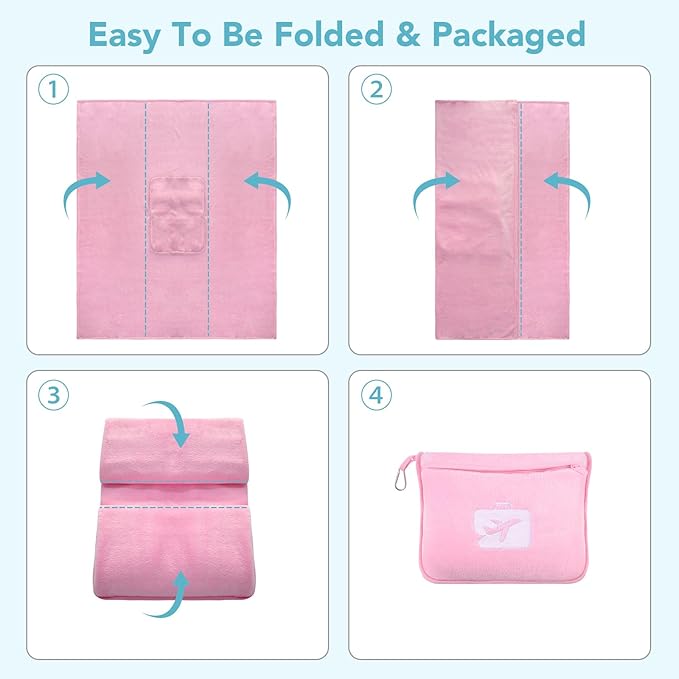 SINLAND Travel Pillow and Blanket 2-in-1 Set,Airplane Packable Bag,Soft and Lightweight Plane Flight Car Trips Travel Essentials Gift,Hand Luggage Sleeve and Backpack Clip,60x50 Inch Pink