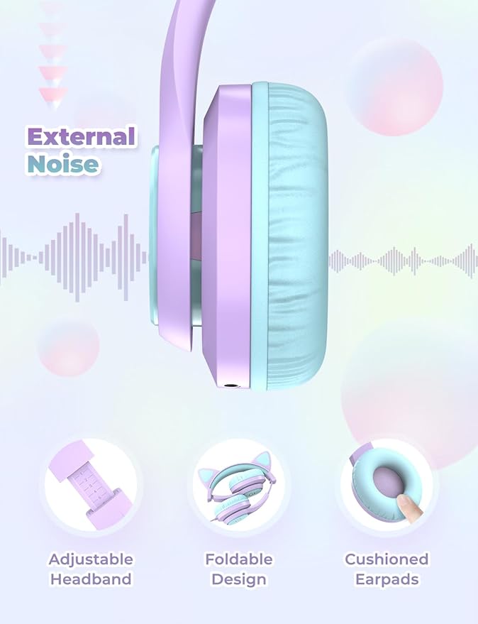 iClever Cat Ear Led Light Up Kids Headphones with Microphone, HS20 Wired Headphones -Shareport- 94dB Volume Limited, Foldable Over-Ear Headphones for Kids/School/iPad/Tablet/Travel (Medium, Purple)