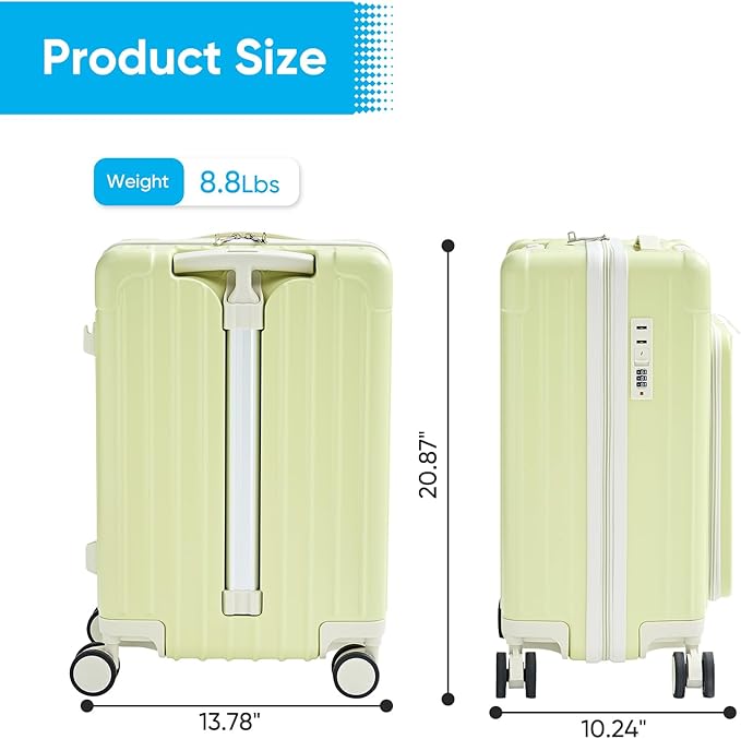 TABU 20" Carry on Luggage with Seat for Kids & Adults，Front-Opening Hardshell Carry On Suitcase with Double Handles & TSA Lock, Green