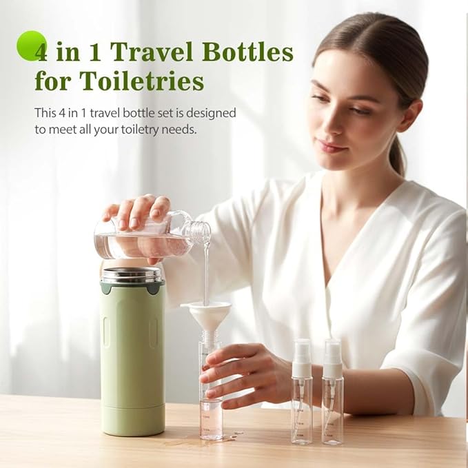 HISKI 4 in 1 Travel Bottles for Toiletries,Portable Travel Toiletries Bottle Set, Portable Containers for Shampoo Lotion Conditioner Cream Transparent with Scale and Label (Green-1)