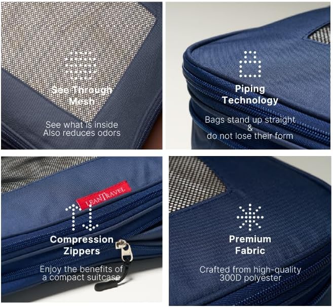LeanTravel Premium Compression Packing Cubes for Travel - Suitcase Organizer Bags with Double Zipper & Breathable Mesh Panel - Space Saving Carry On Luggage Essentials (4-Pack, Navy Blue)