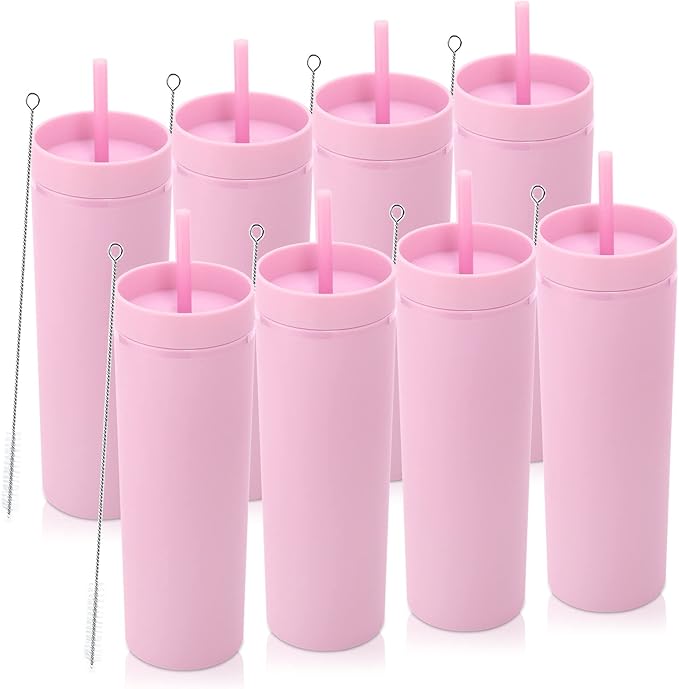 Volhoply 20oz Tumbler with Lid and Straw 8 Pack,Double Wall Clear Plastic Skinny Tumblers Bulk,Reusable Travel Cute Coffee Mug,Acrylic Water Cups With Straw Cleaner for Drinks,Party,Gifts(Pink,8 Set