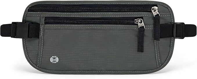 FuninCrea Waterproof Hidden Money Belt for Travel, Anti-Theft Belt Bag with RFID Blocking Function Adjustable Slim Waist Bag with 2 Zipper Pockets & 1 Back Pocket for Travel Running (B, Deep Grey)