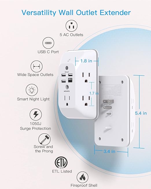 Outlet Extender with Night Light, HANYCONY Multi Plug Outlet, USB Wall Charger Surge Protector 4 USB Ports(1 USB C), Power Strip Electrical Outlet Splitter Expander for Home Office Dorm Room, ETL
