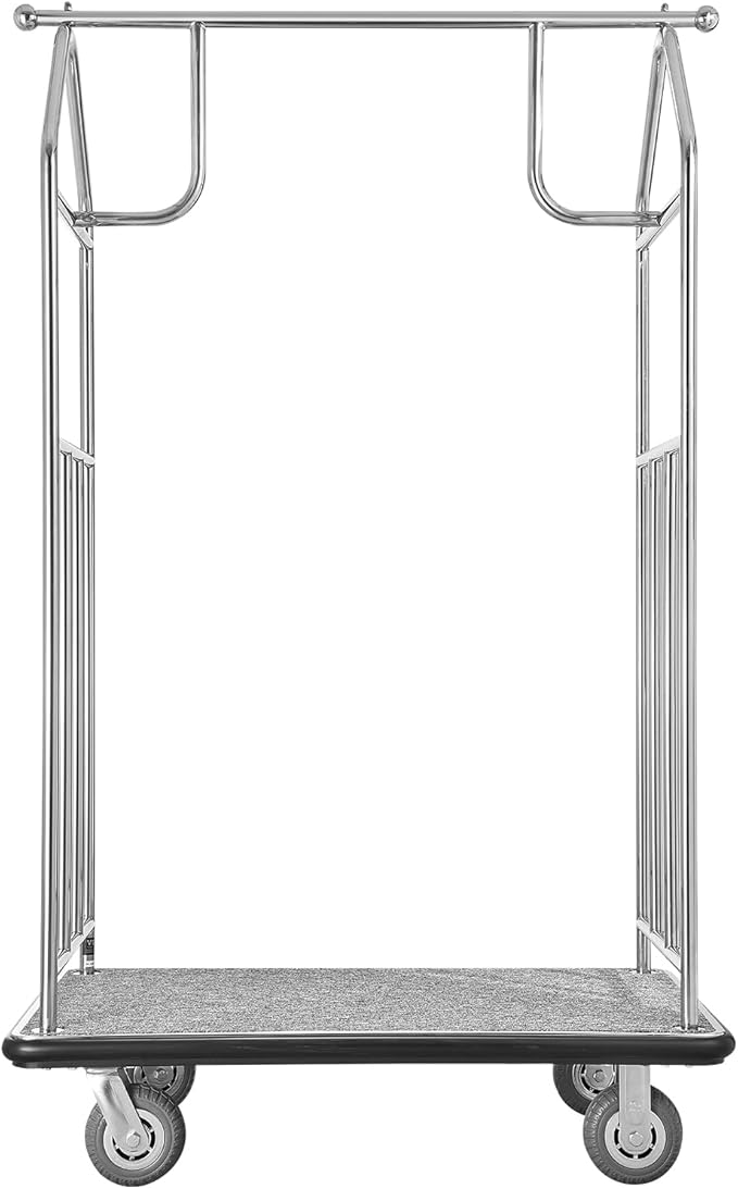VEVOR Hotel Luggage Cart, Brushed Stainless Steel Finish Bellman's Cart, Valet Cart with Grey Carpeted Deck and 6-inch Rubber Wheels, Ideal for Hotels, Condos, Resorts, Silver