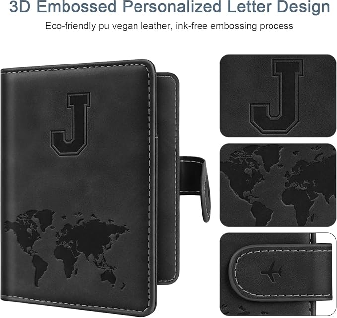Passport Holder Wallet Cover Personalized Letter A-Z Travel Wallet RFID Blocking Passport Cover Wallet Case for Travel Passport Book Holders for Women and Men, Black-J