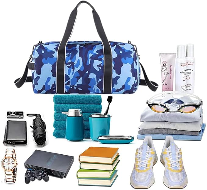 mezhsa Kids Overnight Duffle Bag Girls Boys Sports Gym Bag with Shoe Compartment Wet Pocket Camouflage travel bag (Blue)