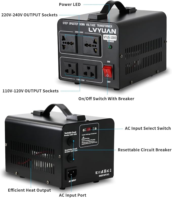 LVYUAN Voltage Converter Transformer 1000 Watt Step Up/Down Convert from 110V-120V to 220V-240Vt and from 220V-240V to 110V-120V with 2 US outlets, 2 Universal outlets, Resettable Circuit Breaker