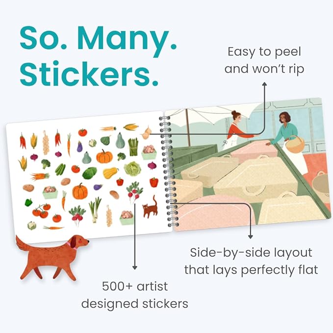 Farmer's Market 500+ Sticker Book by Cupkin Fun Toddler Travel Activity Coloring and Sticker Book, Road Trip Essentials, 12 Coloring Pages 12 Side by Side Scenes for Ages 2–8 Years