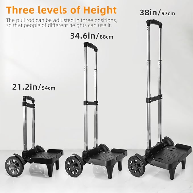 Folding Backpack Trolley with Large Solid Tank Wheels, Aluminum Alloy Luggage Cart with Edge Guard Base, Universal Hand Truck for Backpacks, Lunch Backpack,Golf Bag, Teenagers, Adults, School, Travel