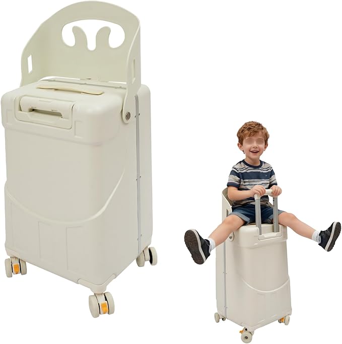 Kids Ride-on Luggage with Foldable Back Rest, 22" Carry On Luggage Travel Trolley Case with Seat for Children, Top Opening Suitcase with Spinner Wheels and Lock (White, 22 Inch)