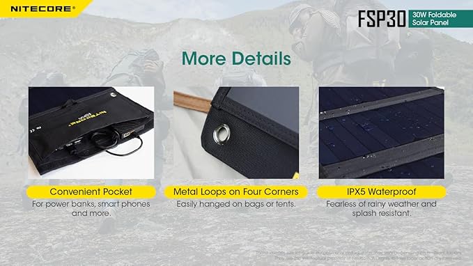 NITECORE FSP30 30W Portable Solar Charger, USB-A & USB 3 Output Ports, High Efficent 4 Foldable Panels for Camping Hiking Van RV Trip Compatible with Phones and Tablets with Nitecore Sticker