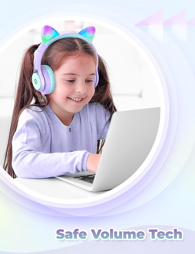 iClever Cat Ear Led Light Up Kids Headphones with Microphone, HS20 Wired Headphones -Shareport- 94dB Volume Limited, Foldable Over-Ear Headphones for Kids/School/iPad/Tablet/Travel (Medium, Purple)
