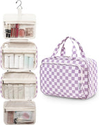 Narwey Travel Toiletry Bag for Women Large Hanging Makeup Bag Organizer Toiletries Bag for Full Size Essentials Accessories Cosmetics (Purple Checkerboard (Large))
