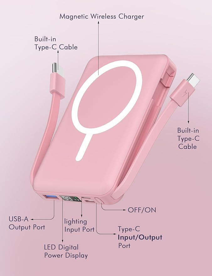 podoru for Magsafe Battery Pack, 10000mAh Magnetic Power Bank Built-in Double USB C Cables 20W PD Fast Charging LED Display Wireless Portable Charger for iPhone 17/16/15/14/13/12 Series-Pink