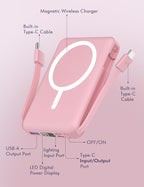 podoru for Magsafe Battery Pack, 10000mAh Magnetic Power Bank Built-in Double USB C Cables 20W PD Fast Charging LED Display Wireless Portable Charger for iPhone 17/16/15/14/13/12 Series-Pink