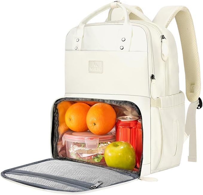 MATEIN Womens Backpack with Lunch Box, 17 Inch Laptop Backpack with Cooler Compartment for Lunch Containers, Large Computer Backpack for Travel Work College Daily, Beige