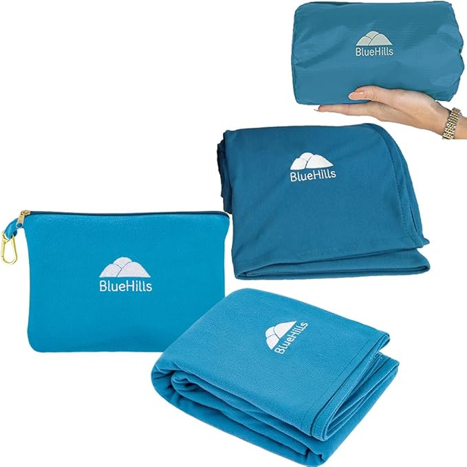 BlueHills Ultra Compact and Compact Light Travel Blankets for Two Value Pack Set of 2 – Airplane Travel Essentials Soft Flight Trips Throw in Portable Cases for Car Plane Travel Gifts – Teal Blue