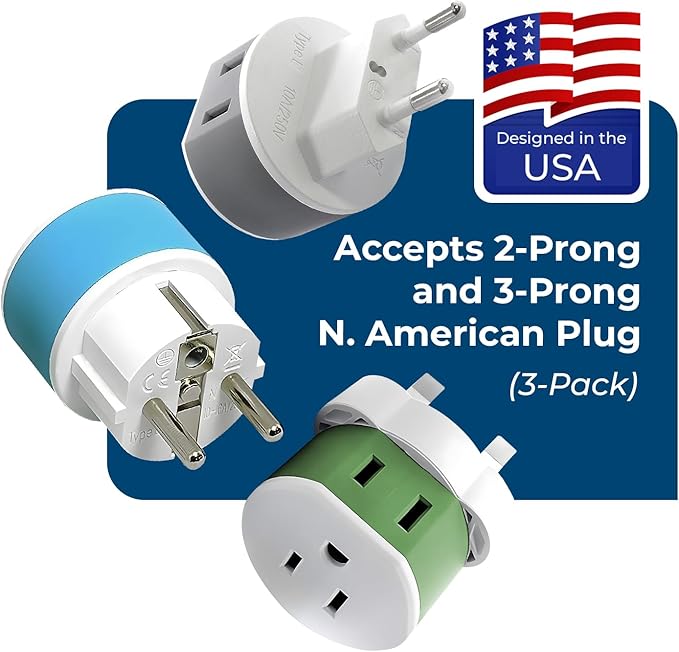 OREI Full European Travel Adapter Set - Dual Input American to Europe, Germany, England, Spain, Italy, Iceland, France, (Type G, E/F, Type C) - 3 Pack, Safe Grounded Use for Cell Phones, Laptops
