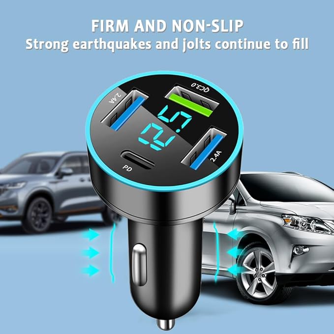 4 Ports Fast Car Charger,[Upgrade Voltmeter Display] PD+QC3.0 Car Charger Adapter for 12-24V Cigarette Lighter Plug,Phone Charger Compatible with iPhone/Android/Samsung/iPad(QC3.0+PD+2.4A+2.4A)