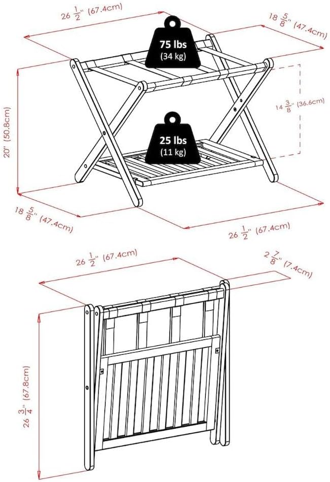 Furnifact Solid Wood Luggage Rack for Guest Room with Foldable Design, Lower Shoe Shelf, Thick Nylon Straps, and Cappuccino Finish, Elegant Suitcase Stand