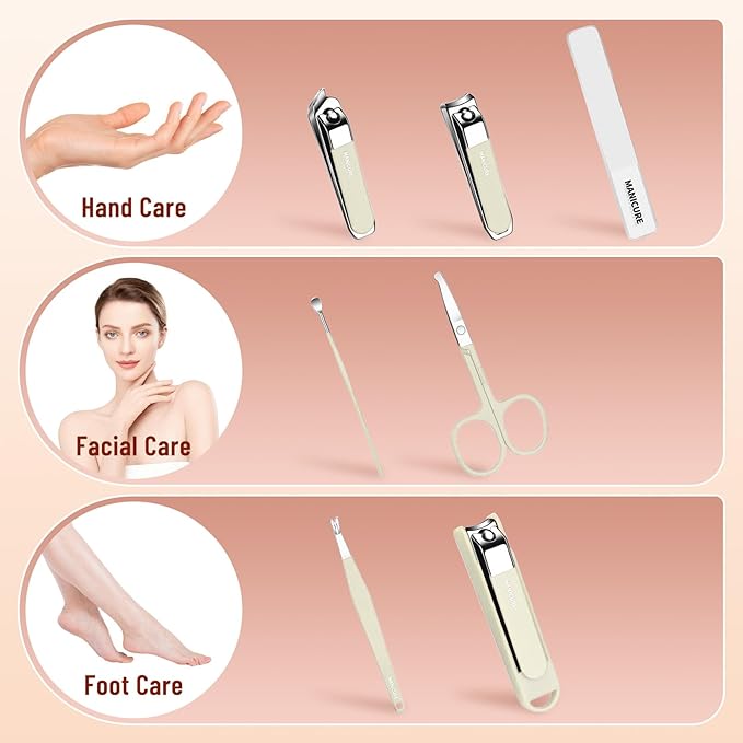 Nail Clipper Set for Men and Women, 7 Pcs Toenail Clippers, Stainless Steel Fingernail Clipper, and Travel Case Manicure Set, Gift Ideas (Beige)