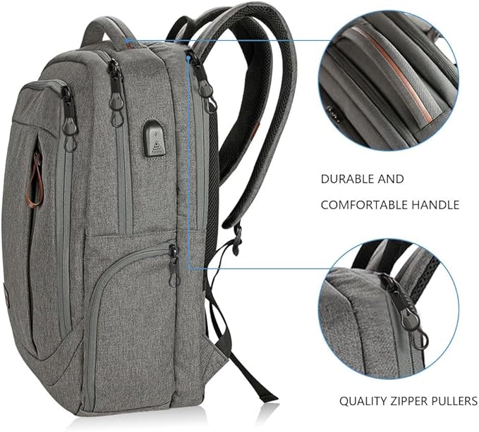 KROSER Laptop Backpack Large Computer Backpack Fits up to 17.3 Inch Laptop with USB Charging Port Water-Repellent Casual Daypack for Travel/Business/College/Women/Men-Grey