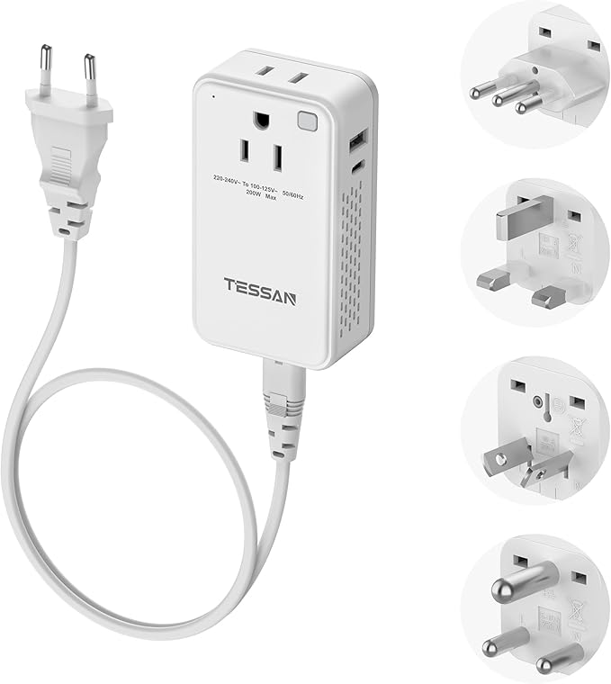 Compact 220V to 110V Voltage Converter US to Europe, TESSAN Universal Travel Adapter with 2 AC Outlets and 2 USB (1 USB-C), 200W Small Power Converter with EU/UK/AU/IT/India Plugs for Travel