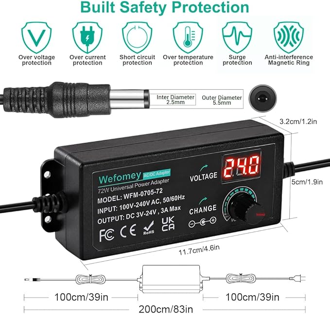 Universal Power Supply 3V~24V 3A 72W Adjustable Variable 3V 5V 9V 12V 18V 20V 24V AC/DC Adapter Charger, 100V-240V AC to DC Converter with 14 Tips, Polarity Converter and 4-Way Power Splitter Cable