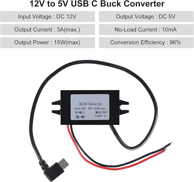 2pcs DC 12V to 5V USB C Buck Converter 3A 15W Type-C Right Angle Step-Down Converter Voltage Regulator Car Power Converter Adapter Waterproof