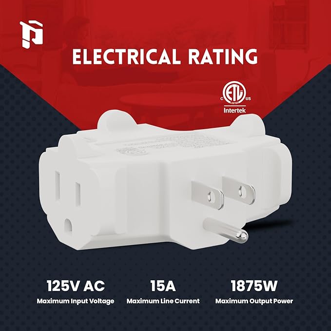 PLUGTUL 3 Way Plug Adapter, 3 Plug Wall Adapter, 3 Prong, Grounded, 15A, 1875W, Multiple Plug Expander for Home, Outdoor, ETL Listed, White, 3PACK