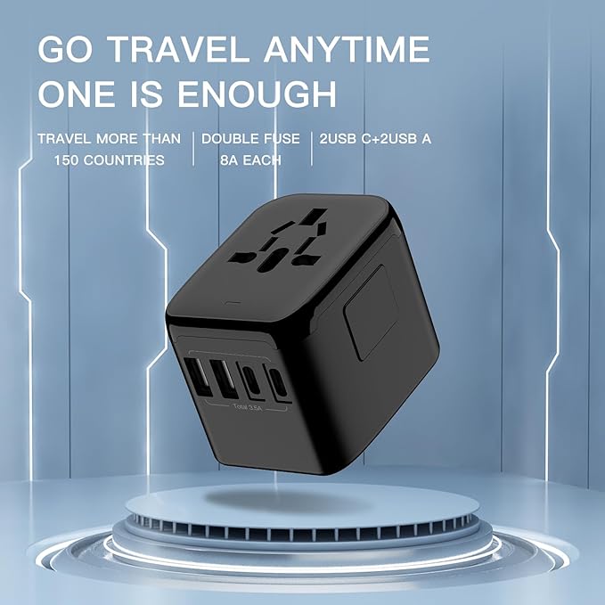 Universal Travel Adapter, VYLEE 5 in 1 International Power Adapter, 3.5A 2xUSB-A and 2xUSB C Wall Charger, Worldwide Travel Essentials Plug for Europe USA UK AUS Asia (Black)