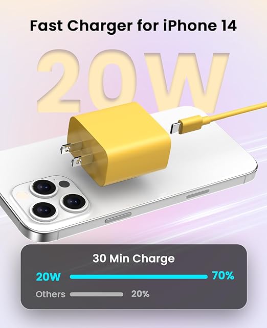 FEEL2NICE iPhone Charger Fast Charging 2 Pack Type C Wall Charger Block with 2 Pack [6FT&10FT] Long USB C to Lightning Cable for iPhone 14/13/12/12 Pro Max/11/Xs Max/XR/X,AirPods Pro,Yellow