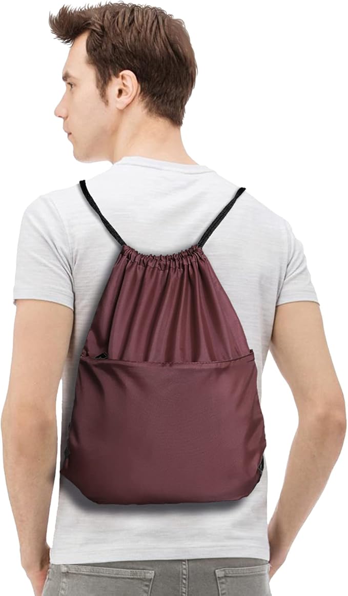 Drawstring Backpack Sports Water Resistant String Bag Sport Gym Sackpack for Women Men Large with Zipper, Burgundy