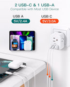 European Travel Plug Adapter, Addtam International Power Adapter with 3 Outlets 3 USB Charging Ports(2 USB C), Type C Adapter Travel Essentials to Most Europe EU Spain Italy France