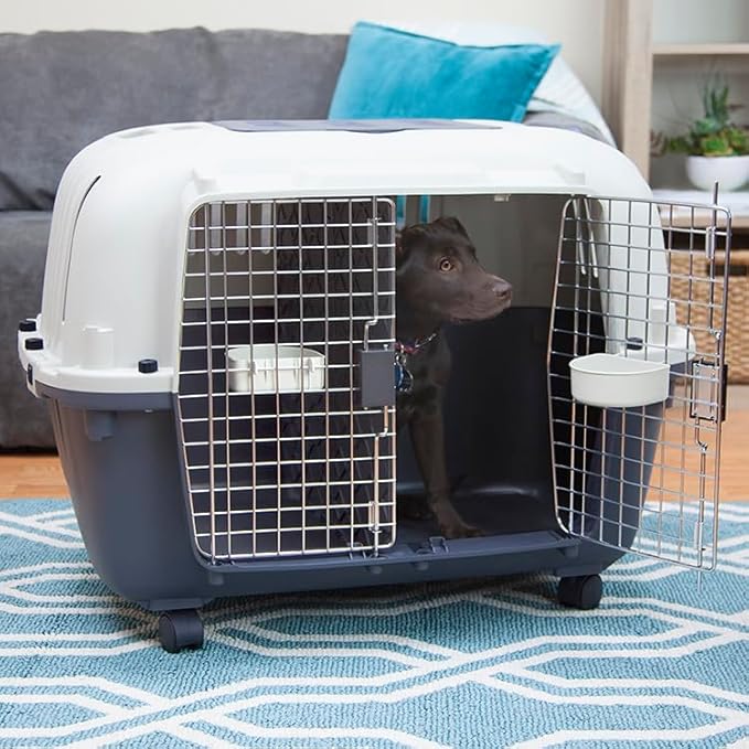SportPet Airline Compliant 2-Door Large 34.5" Travel Dog Kennel - Durable Plastic Pet Carrier w/Divider, Wheels, & Bowls, Collapsible Indoor/Outdoor Dog Kennel, Dogs up to 28" L & 20" H - Cream/Gray