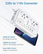BESTEK Universal Travel Adapter Voltage Converter US to Europe 2000W 220V to 110V Converter with 2 USB Ports and EU/UK/AUS Plug Adapter for Hair Dryer/Curling Iron