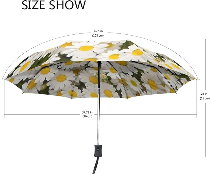 senya White Daisy Compact Travel Umbrella Sun and Rain Windproof Auto Open Close Folding Umbrella