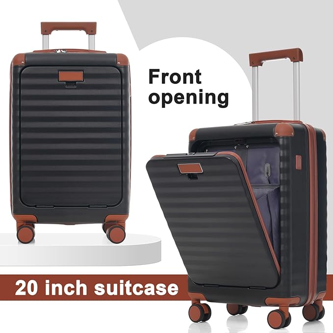 5 Piece Luggage Set w/TSA Locks & USB Port, Front Opening Hard Shell Luggage Sets, Expandable Suitcase Set with Wheels and Cup Holder(20"/24"/28") (Black Brown)